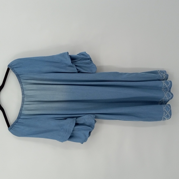 Chambray Ombre Tiered Sleeves Dress Off Shoulder Embroidered Hem by C Est. 1946 - Picture 10 of 10